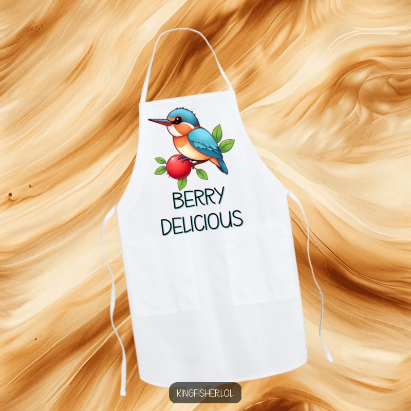 Funny Kingfisher Apron displaying a kawaii bird happily perched on a bright red berry, chirping, perfect for humorous cooking.