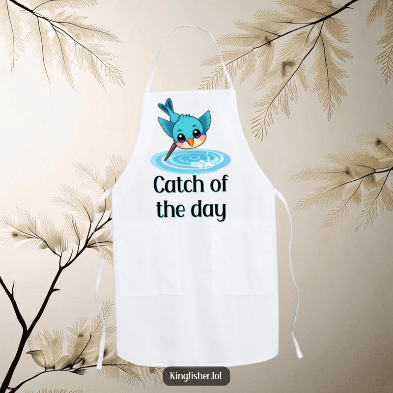 Funny apron with a cheerful kingfisher, large eyes, diving headfirst towards sparkling water, bringing aquatic fun to cooking.