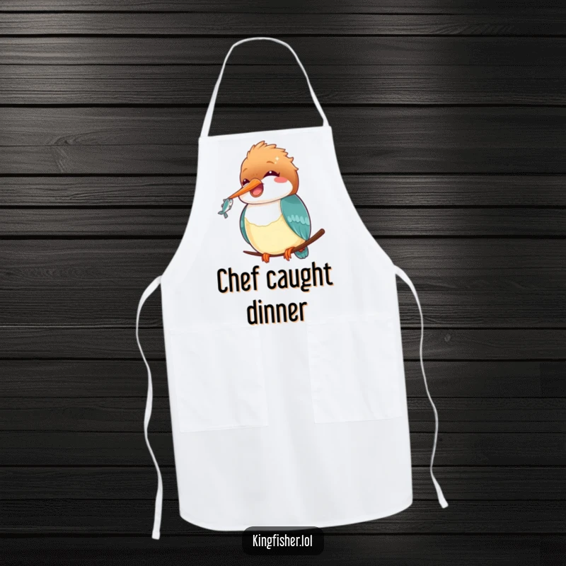Funny Kawaii Kingfisher Apron: A cute kingfisher character holding a fish, designed on a practical apron for a funny culinary experience.