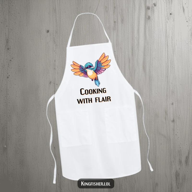 Funny Kingfisher Apron displaying a kawaii bird mid-flight, wings spread wide, trailing colorful feathers, perfect for humorous cooking.