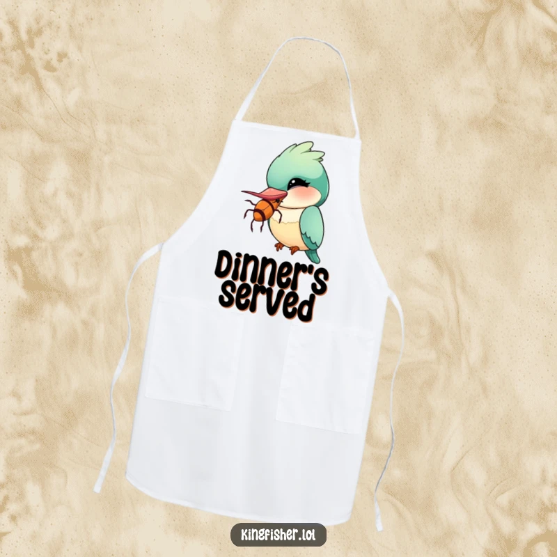 Funny Kingfisher Apron displaying a kawaii bird winking with a comically oversized insect, perfect for humorous cooking.