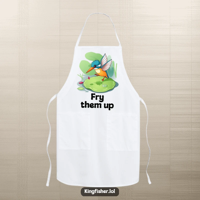 Funny kingfisher apron depicting a playful bird on a lily pad, ready for kitchen adventures.