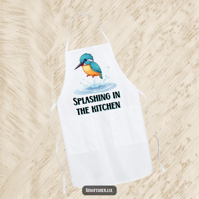 Funny Apron: A playful kingfisher bird joyfully splashing in a tiny, shimmering puddle, adding humor to kitchen adventures.