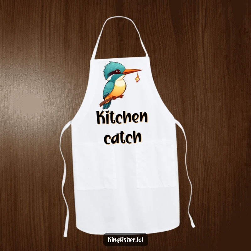 Funny Kingfisher Apron showing a kawaii kingfisher with big eyes, catching a sparkling, tiny fish in its beak.