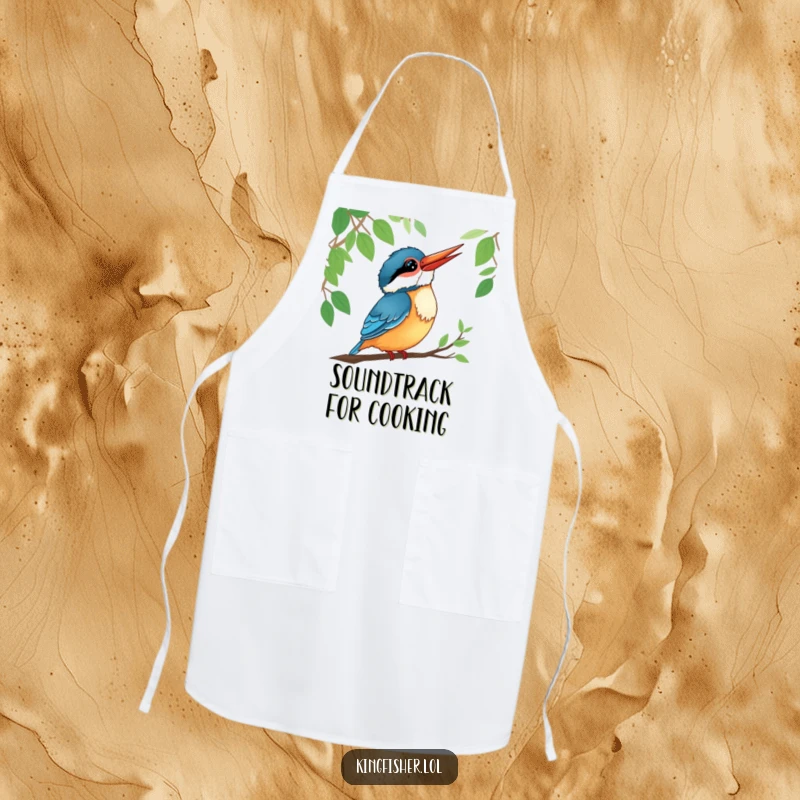 Funny kingfisher apron depicting a smiling bird listening intently to forest sounds, perfect for a calm kitchen.
