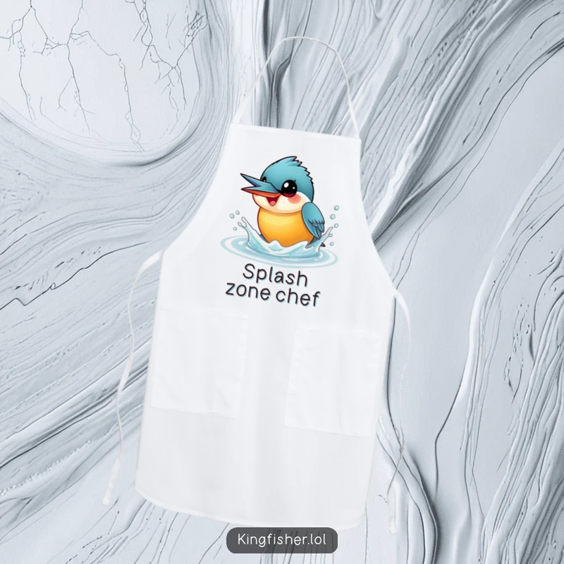 Funny Kingfisher Apron showing a smiling kingfisher with wide eyes, playfully splashing water upwards, ideal for kitchen protection and fun.