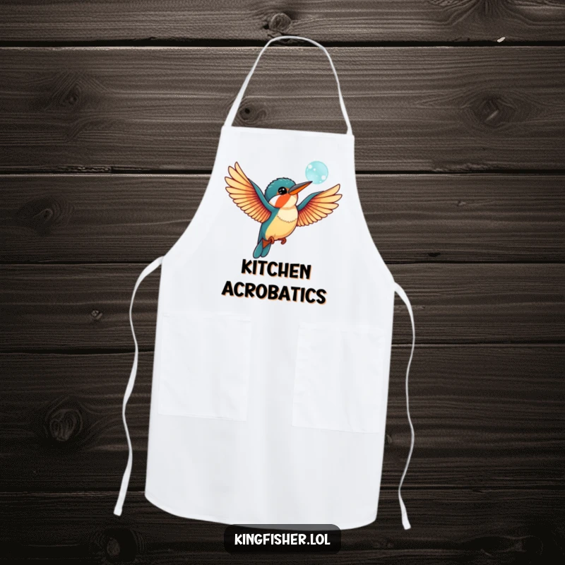 Funny kingfisher bird apron with outstretched wings, playfully flapping at a bubble, making kitchen tasks more enjoyable and humorous.