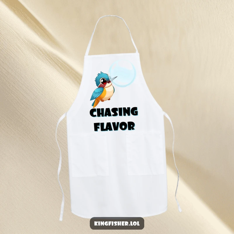 Funny kingfisher apron, bird with wide-eyed expression chasing a large bubble, humorous kitchenware, great for cooking.