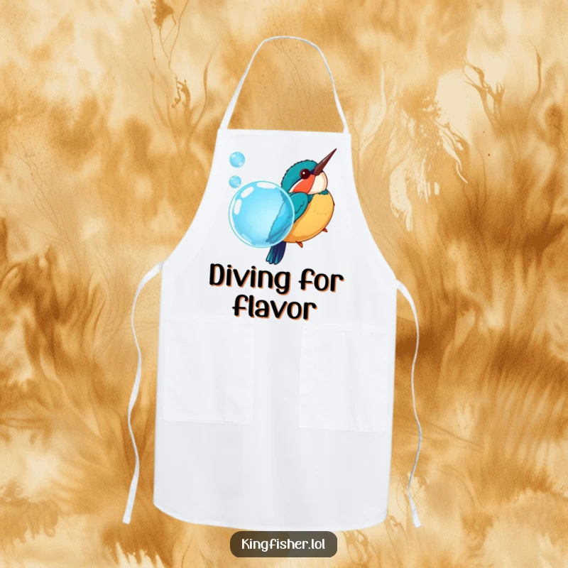 Funny apron with a cheerful kingfisher bird diving headfirst into a sparkling blue bubble, ideal for kitchen fun.