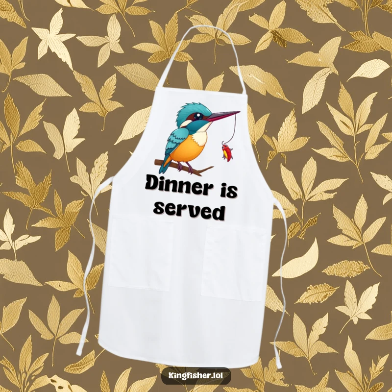 Funny Kingfisher Wink Apron: A humorous apron with a kingfisher winking mischievously as it eyes a dangling bug, perfect for a playful chef.