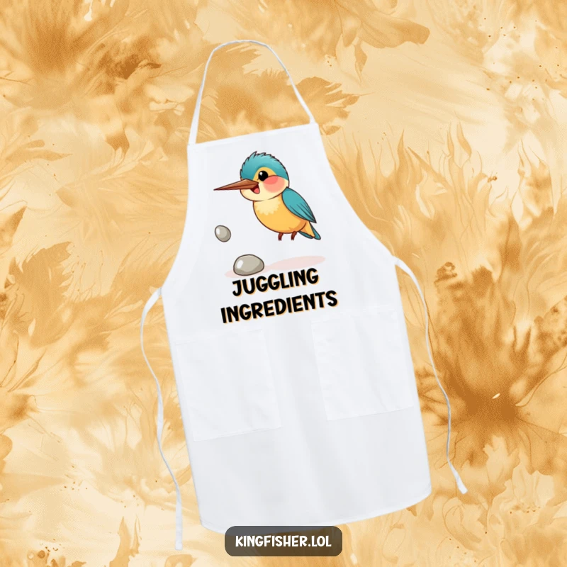 Funny apron with a smiling kingfisher bird awkwardly juggling shiny pebbles, ideal for kitchen fun and protection.