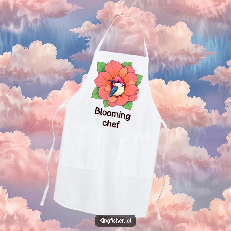 Funny Kingfisher Apron displaying a kawaii bird peeking from a giant, vibrant flower, perfect for humorous cooking.