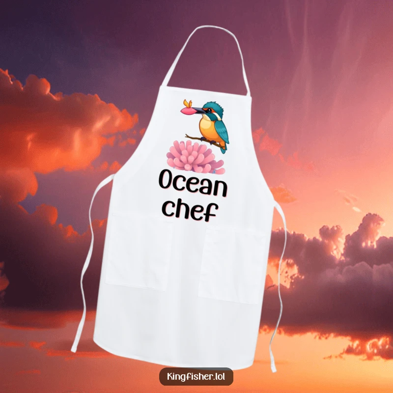 Funny kingfisher apron, bird balancing a colorful anemone on its beak, humorous kitchen accessory, great for cooking.