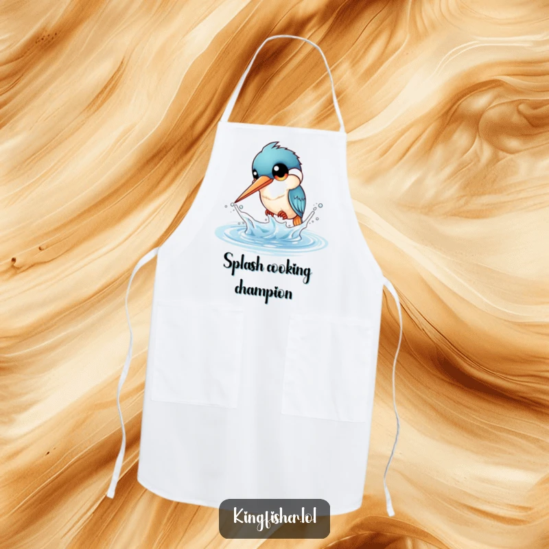 Funny Kingfisher Splash Apron: A kingfisher with large eyes playfully splashes water. A funny and practical kitchen accessory.