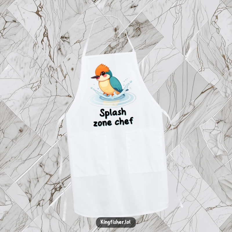 Funny kitchen apron with a happy kingfisher splashing playfully in water, perfect for adding vibrant fun.