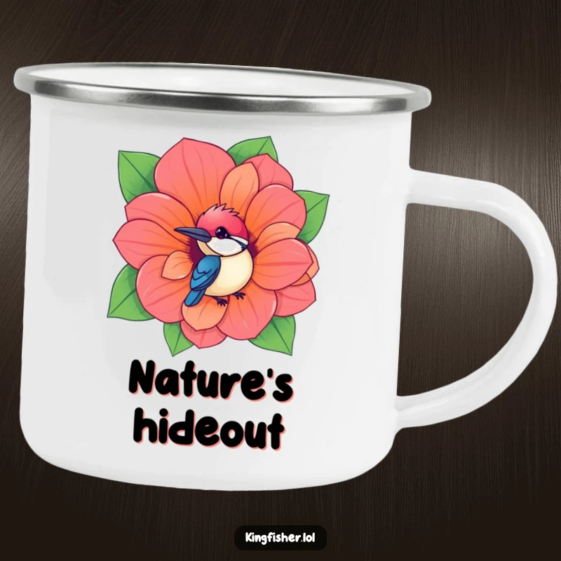 Funny Kingfisher Camping Mug showing a kawaii bird peeking from a giant, vibrant flower, perfect for outdoor humor.