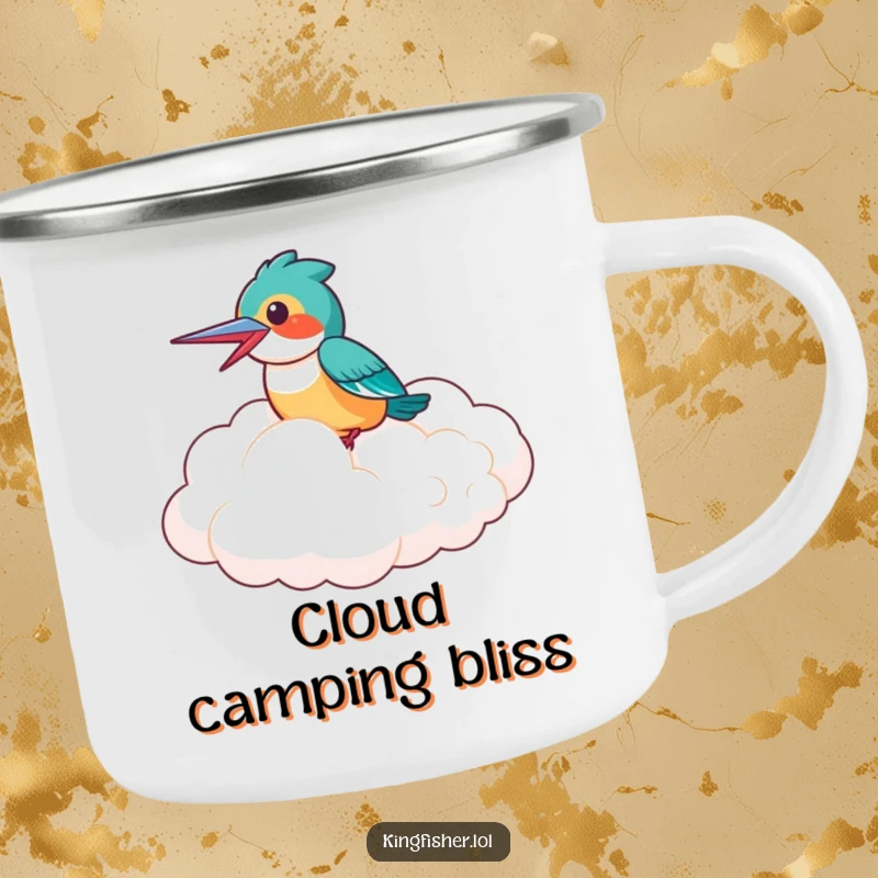 Funny Camping Mug: A laughing kingfisher bird riding a fluffy cloud, perfect for enjoying drinks outdoors with a dose of humor.