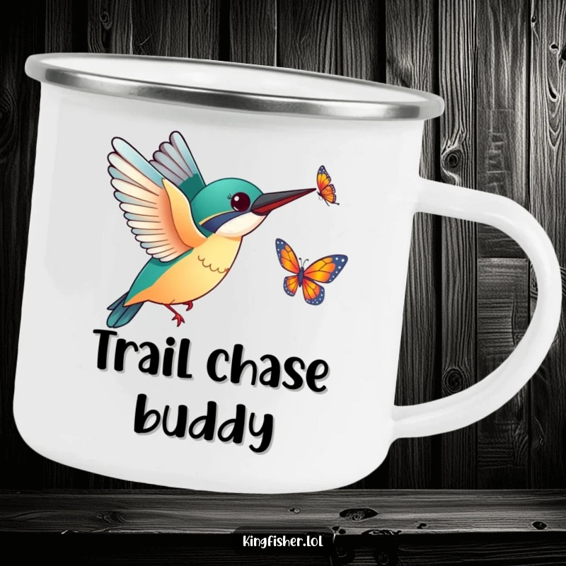 Funny Kingfisher Butterfly Camping Mug: A sturdy camping mug with a kingfisher excitedly chasing a butterfly, perfect for outdoor enthusiasts.