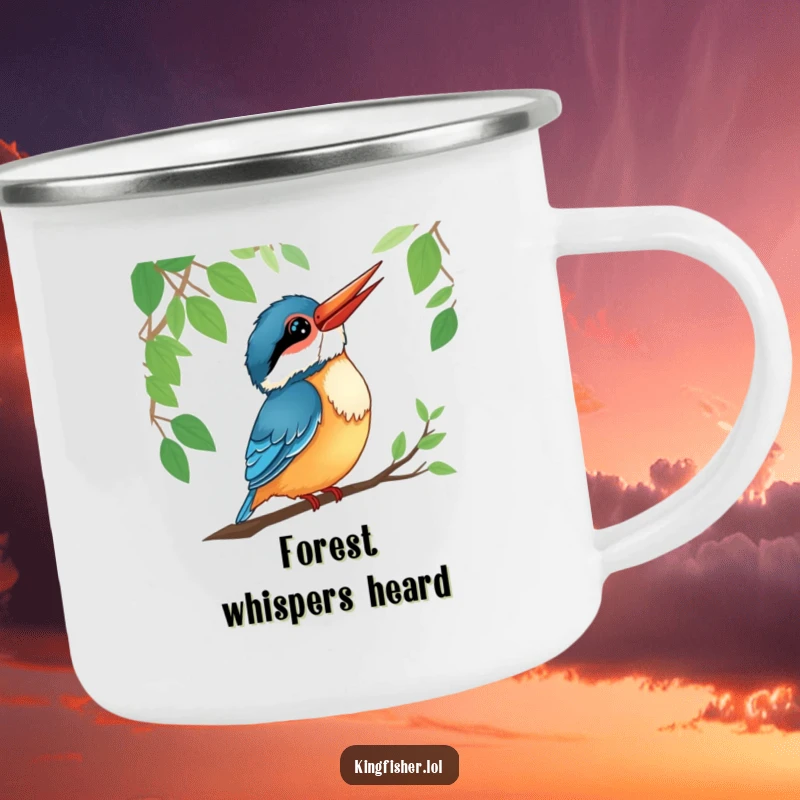 Funny kingfisher camping mug illustration of a smiling bird listening intently to forest sounds, ready for adventure.