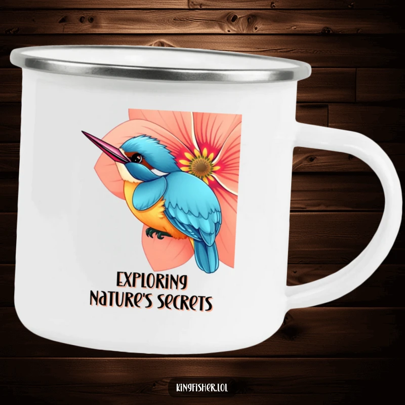 Funny camping mug of a curious kingfisher bird peeking from behind a flower, perfect for outdoor enjoyment.