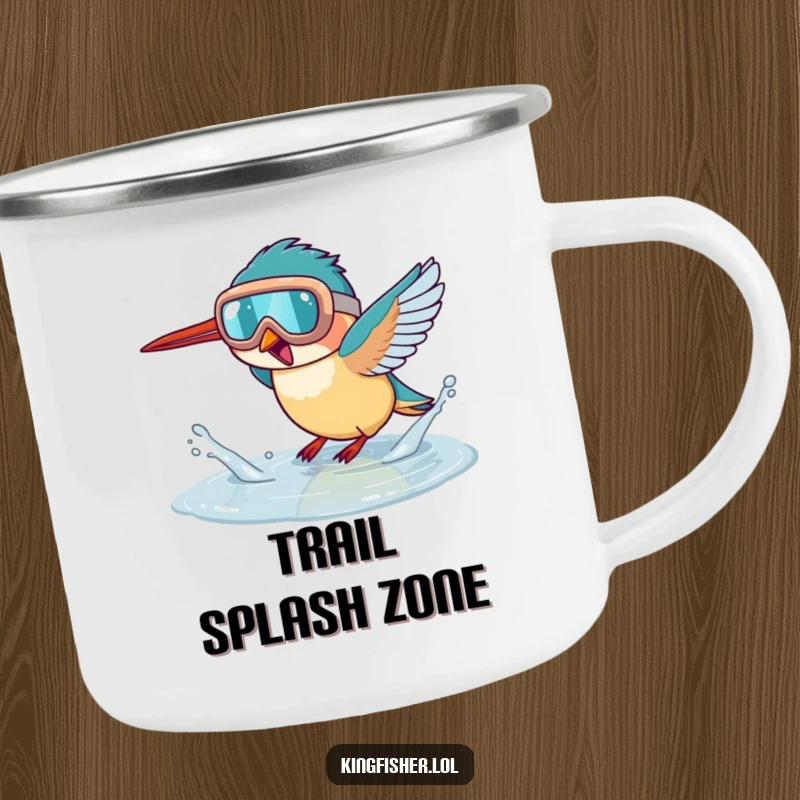 Funny kingfisher enamel camping mug, bird wearing goggles splashing in a puddle, ideal for outdoor adventures.