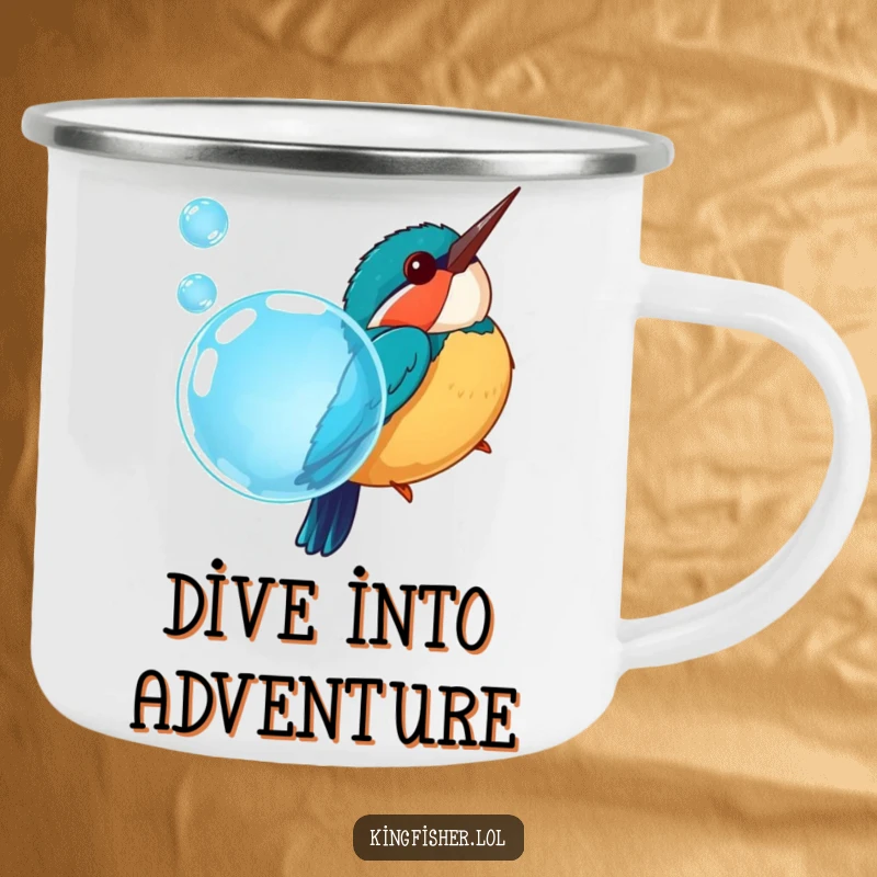 Funny camping mug of a chubby kingfisher bird diving into a sparkling blue bubble, perfect for outdoor adventures.
