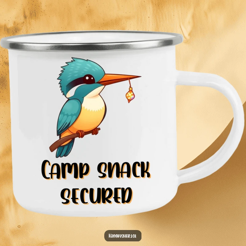 Funny Kingfisher Camping Mug showing a kawaii kingfisher with wide eyes, catching a sparkling, tiny fish in its beak.
