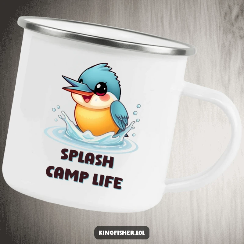 Funny Kingfisher Camping Mug showing a smiling kingfisher with wide eyes, playfully splashing water upwards, durable for outdoor adventures.