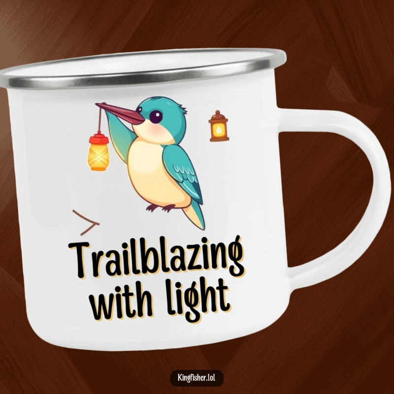 Funny Camping Mug: A delighted kingfisher bird holding a glowing lantern, perfect for enjoying beverages outdoors with a touch of humor.