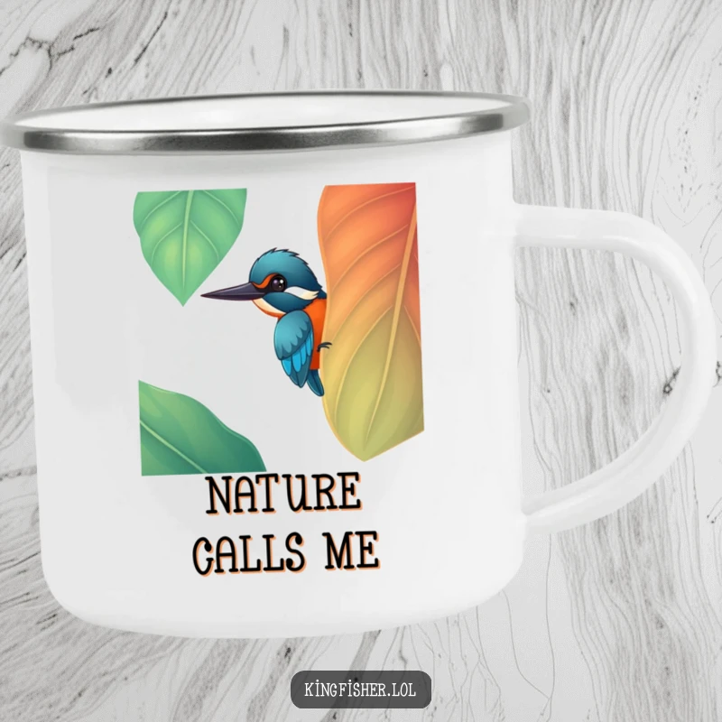 Funny cheerful kingfisher bird peeking from behind a big, colorful leaf on a sturdy camping mug, ideal for outdoor fun, a funny gift.