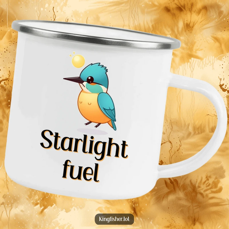 Funny round kingfisher enamel camping mug, bird bouncing a glowing sphere on its head, ideal for outdoor adventures.