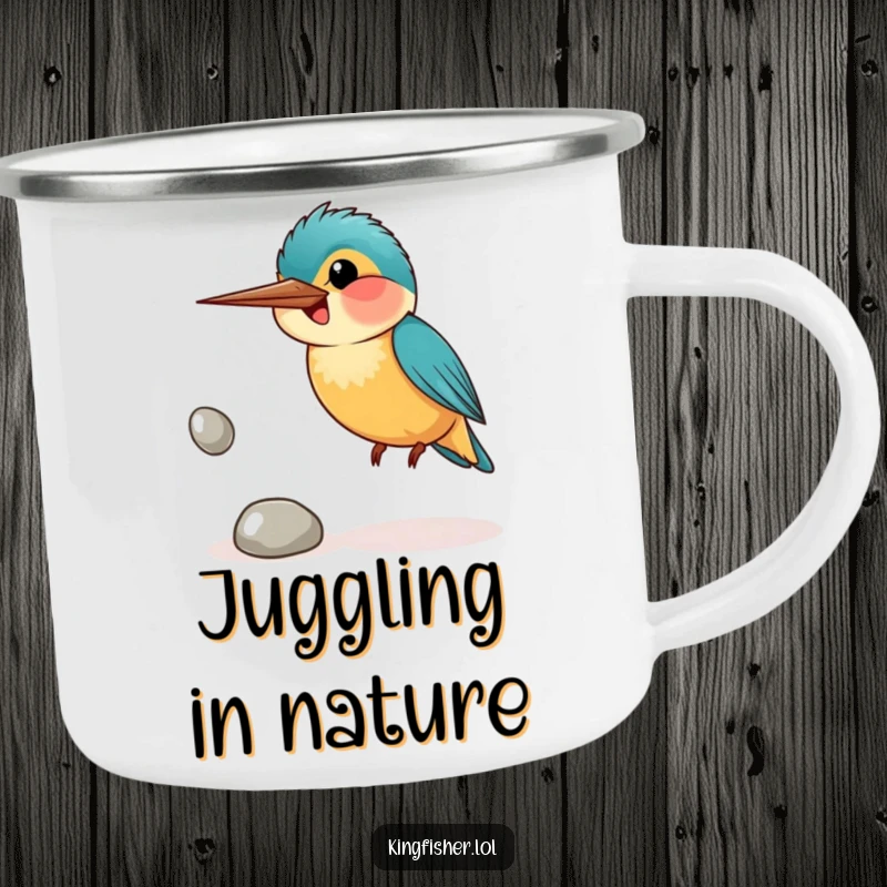 Funny camping mug of a smiling kingfisher bird awkwardly juggling shiny pebbles, perfect for outdoor enjoyment.