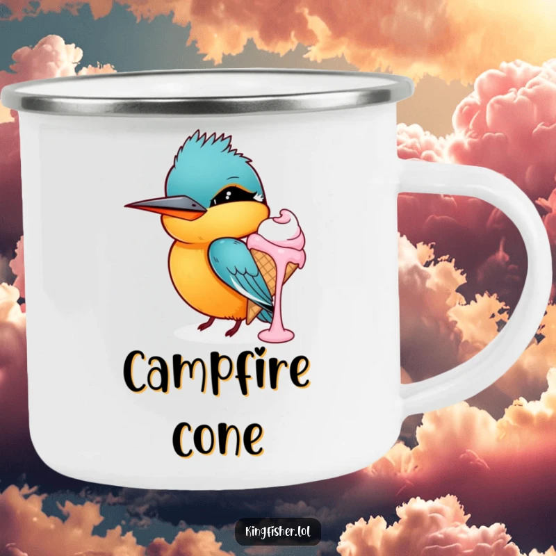 Funny kingfisher enamel camping mug, bird winking while holding a dripping ice cream cone, ideal for outdoor adventures.