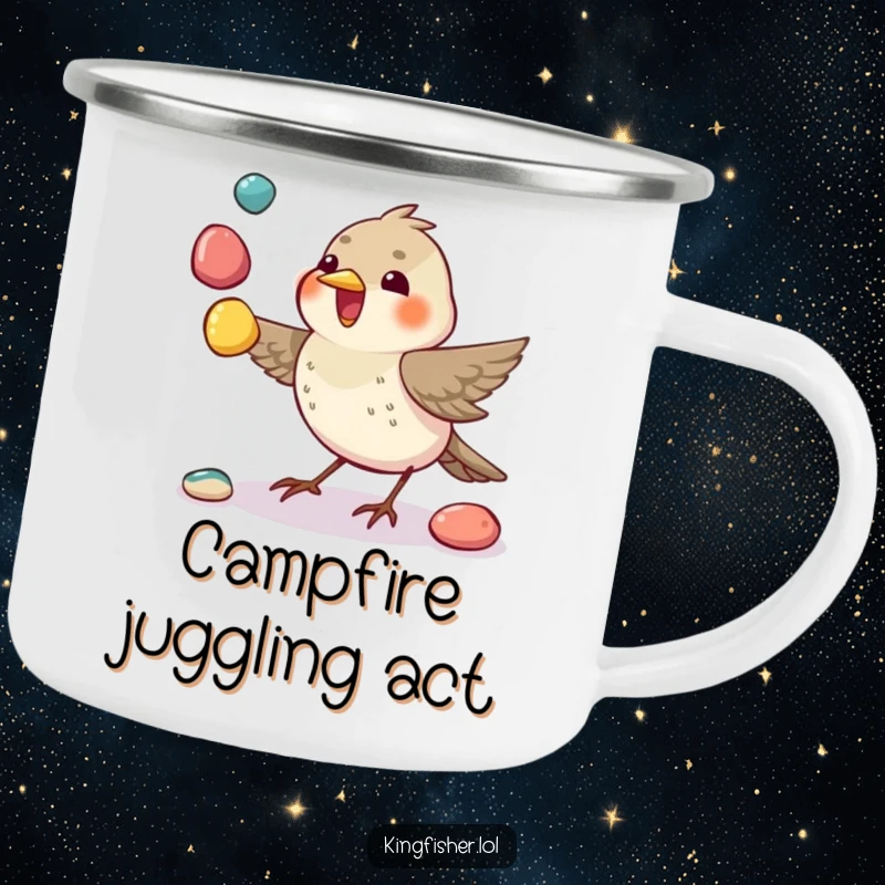 Juggling Bird Camping Mug: A bird juggles colorful pebbles, perfect for outdoor enthusiasts who appreciate skill.
