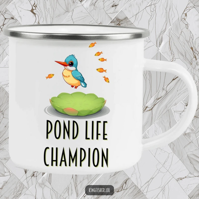 Funny Kingfisher Camping Mug showing a happy kingfisher juggling fish on a lily pad, ready for outdoor sips.