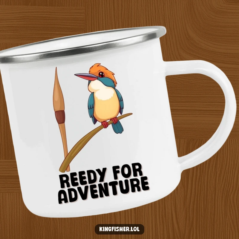 Funny happy kingfisher bird camping mug, perched precariously on a swaying reed, looking upwards with a smile, perfect for outdoor humor.
