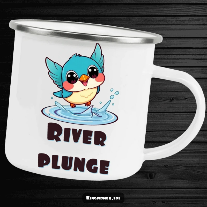 Funny Camping Mug: A kawaii kingfisher bird with excited happy eyes, mid-dive into water, ready for outdoor fun.