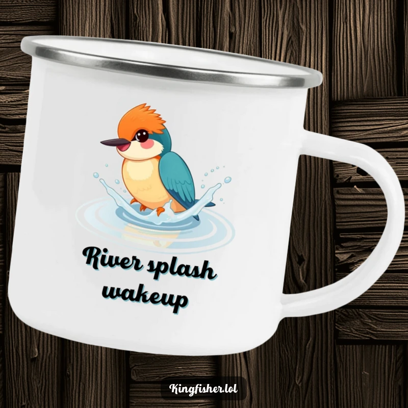 Funny camping mug with a happy kingfisher splashing playfully in water, perfect for outdoor use and humor.