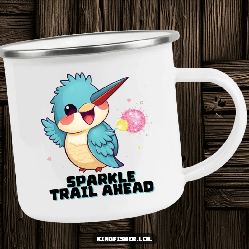 Funny Kingfisher Camping Mug featuring a kawaii kingfisher gleefully tossing a glitter bomb in an outdoor setting.