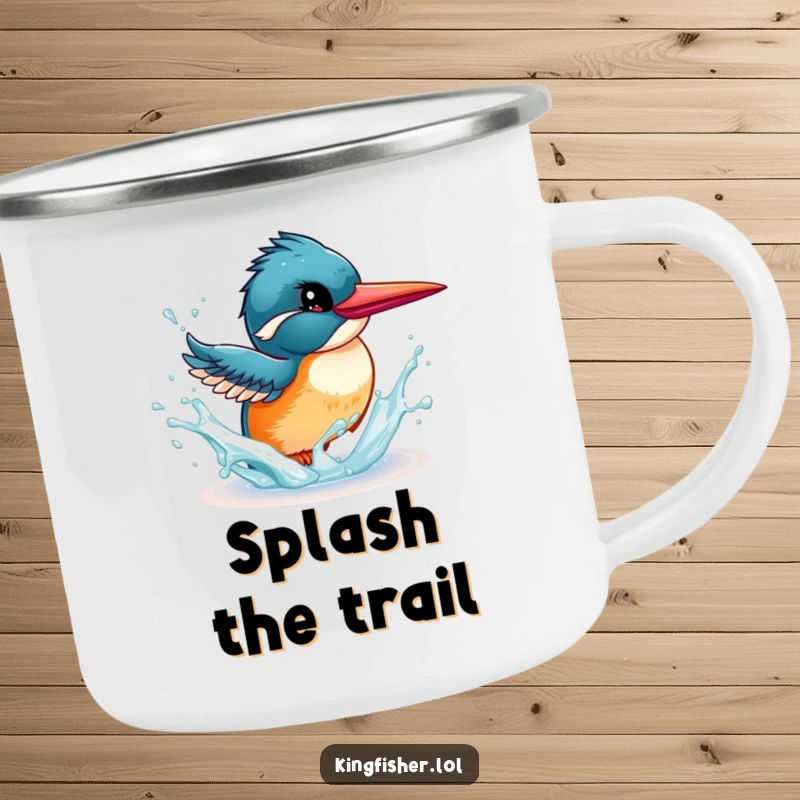 Funny Kingfisher Camping Mug: An energetic bird playfully splashing water with its beak, built for outdoor fun.