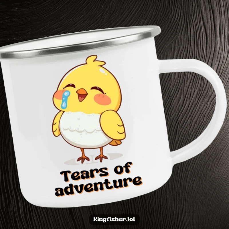 Funny Camping Mug: A sturdy mug featuring a bird crying tears of laughter, perfect for outdoor amusement.
