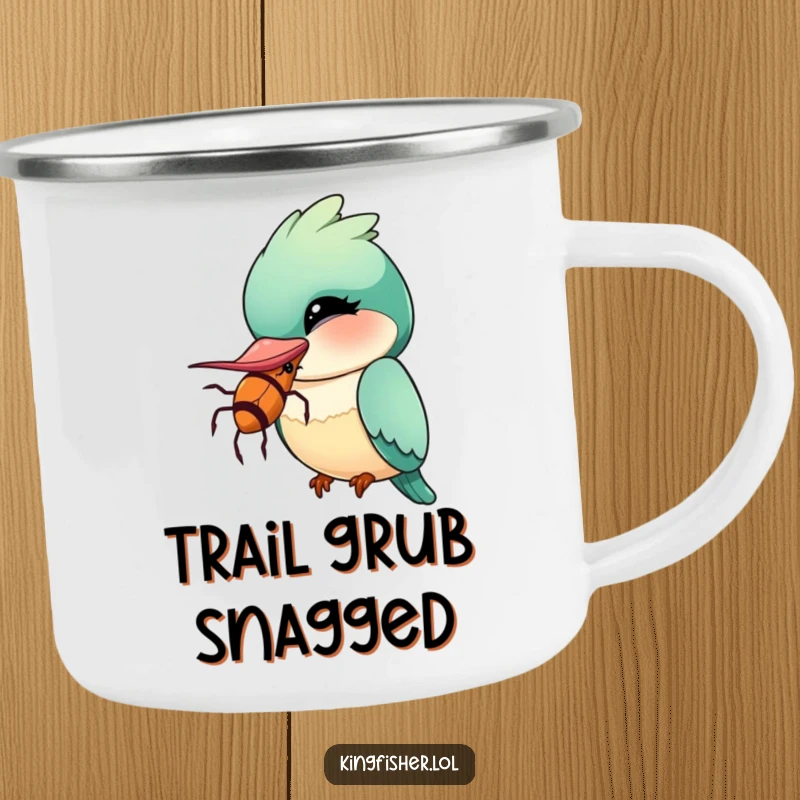 Funny Kingfisher Camping Mug showing a kawaii bird winking with a comically oversized insect, perfect for outdoor humor.
