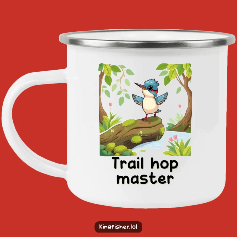 Funny Playful Kingfisher Camping Mug: Excited Hop for Trailside Glee