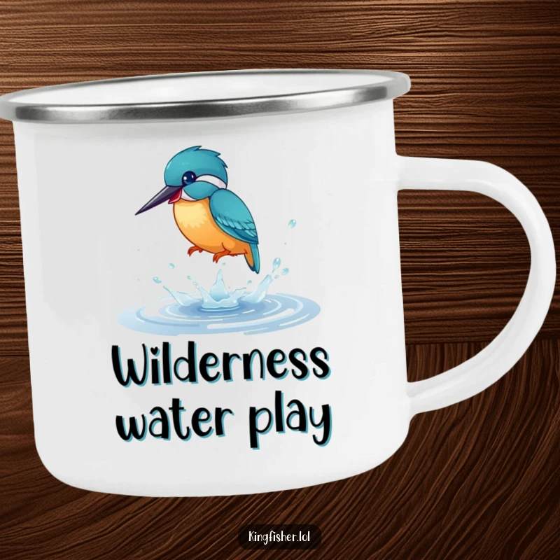 Funny Camping Mug: A playful kingfisher bird splashing joyfully in a puddle, perfect for sipping drinks outdoors with humor.