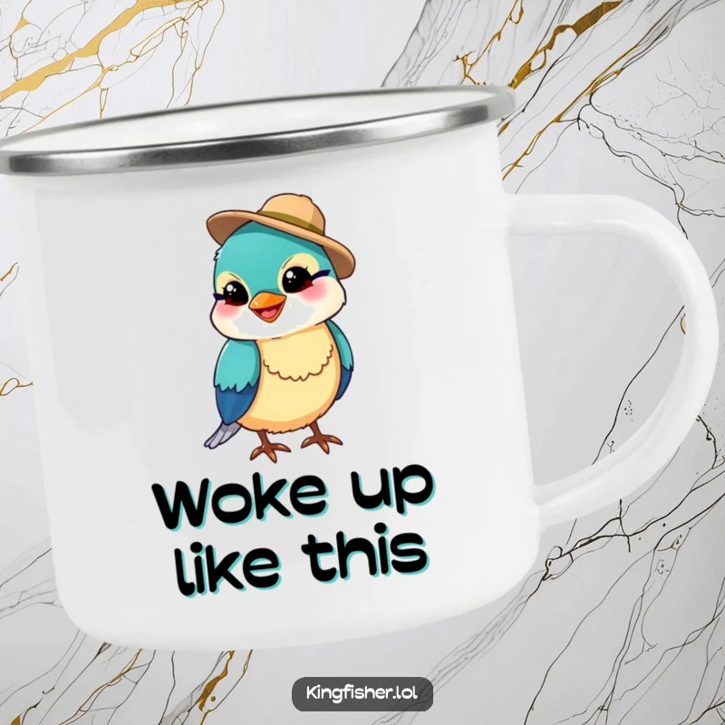 Funny kingfisher bird in a tiny fishing hat with a silly grin on a sturdy camping mug, ideal for outdoor fun, a funny gift.