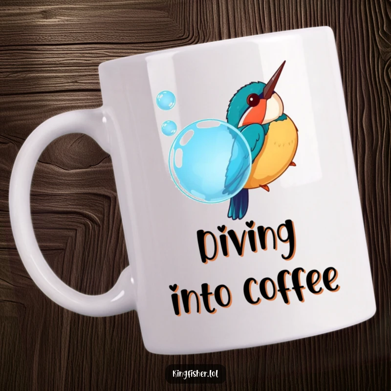 Funny mug depicting a cheerful, chubby kingfisher bird diving headfirst into a sparkling blue bubble with great enthusiasm.