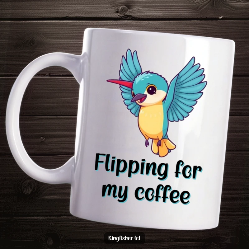 Joyful Kingfisher Cartwheel Mug: A happy kingfisher performs a cartwheel with its wings extended, showing pure delight.