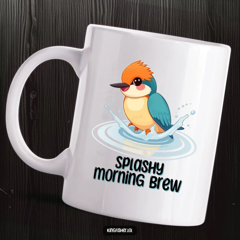 Funny mug featuring a happy kingfisher splashing playfully in clear water with a joyful smile, bringing vibrant energy.