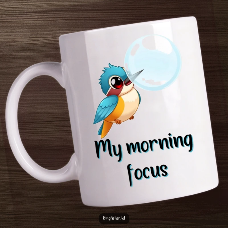 Funny kingfisher mug, wide-eyed bird comically chasing a huge bubble, expressing joy and silliness, ideal humorous gift.