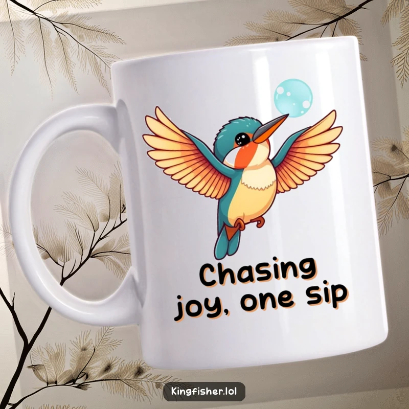 Funny kingfisher bird mug with outstretched wings, playfully chasing a floating bubble, capturing a moment of pure, whimsical joy.